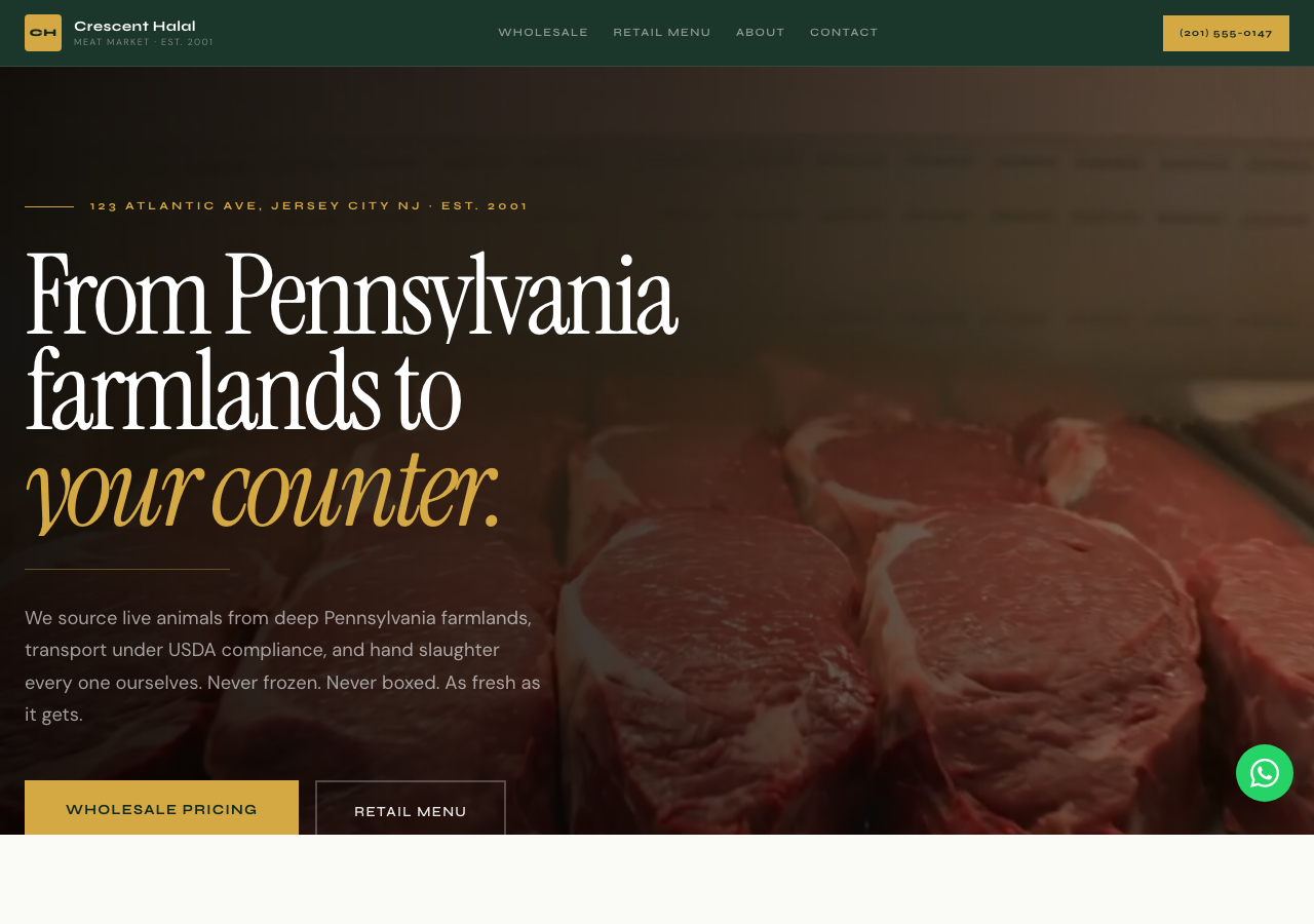 Crescent Halal Market — premium website demo, hero section with 'From Pennsylvania farmlands to your counter' headline